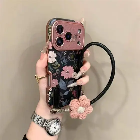 Outono inverno couro Retro tela cheia rosa margarida, adequado para iPhone17pro/16/15/14/13/12pro, Material tpu cordão d