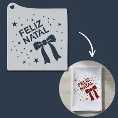 Stencil Feliz Natal com Laço Molde Pintura Natalino para Pano de Prato, Tecido, Mdf, Madeira, Arte