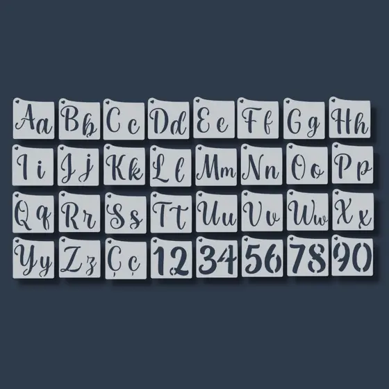 Kit 32 Stencil Moldes Alfabeto Letras e Números Maiúsculo Minúsculo Abecedário Infantil para Tecido