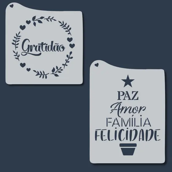 Kit Stencil Gratidão + Palavras Paz Amor Família Felicidade Molde Vazado para Pintura Tecido Pano