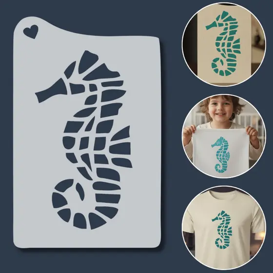 Stencil Molde Cavalo-Marinho Mar Oceano para Artesanato, Pintura, Tecidos, Mdf, Decoração Infantil