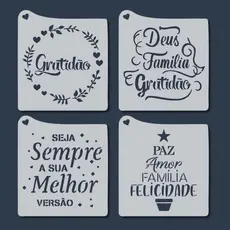 Kit 4 Stencil Frases Motivacionais Palavras Positivas Molde para Artesanato, Pintura, Tecido, Mdf