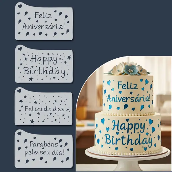 Kit 4 Stencil Carimbo Feliz Aniversário para Bolos Cupcakes e Confeitaria Molde de Fondant Flexível