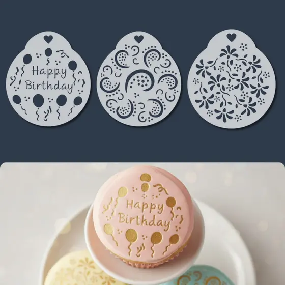 Kit 3 Stencil Carimbo Redondo Decoração de Bolos Happy Birthday Molde para Confeitaria Cupcake