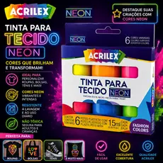 Tinta Para Tecido Neon Acrilex 6 Cores Fluorescentes 15ml Kit Pintura Tecido Fluorescente