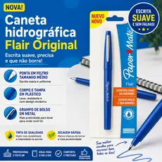 Caneta Hidrográfica Paper Mate Flair Azul Ponta Média Fine Original