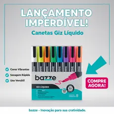 Kit Canetas Giz Líquido Bazze 8 Cores Vibrantes Apagável para Vidro Lousa Espelho Vitrine e Janelas