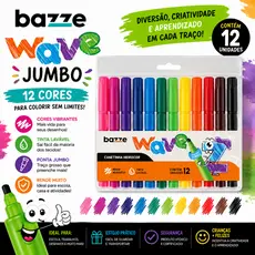 Canetinha Hidrocor Jumbo 12 Cores Bazze Lavável Escolar Estojo Colorido Ponta Grossa Infantil