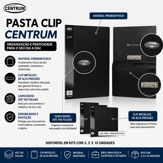 Kit 3 Pastas Clip com Mola Centrum A4 Porta Documentos Escolar Escritório Prancheta Pasta Organizadora cores aleatórias