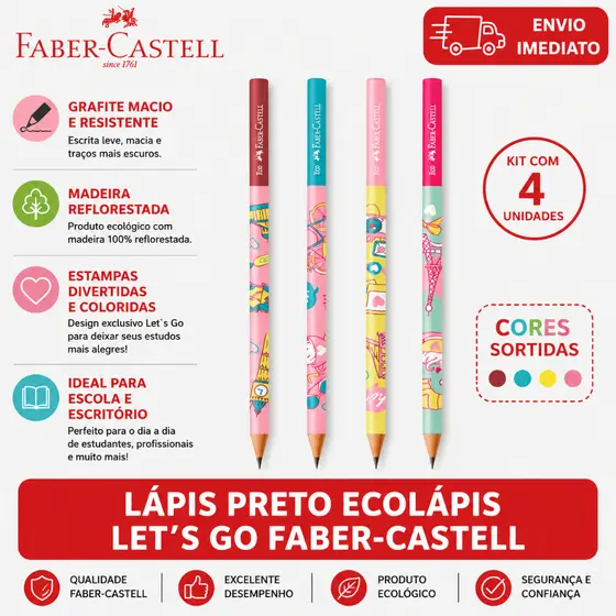 Lápis Preto Ecolápis Let’s Go Faber-Castell Grafite Resistente Escolar Escritório Kit Colorido