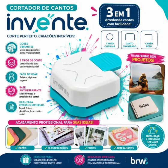 Furador de Cantos 3 em 1 BRW para Papel Fotos Laminados Scrapbook e Artesanato