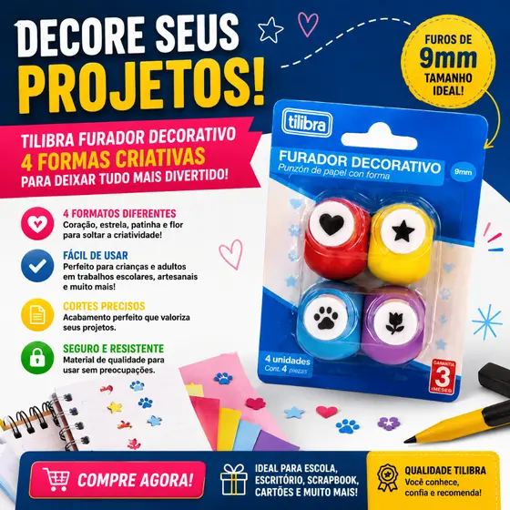 Furador Decorativo Tilibra Kit 4 Formas 9mm Coração Estrela Pata Flor para Papel e Scrapbook