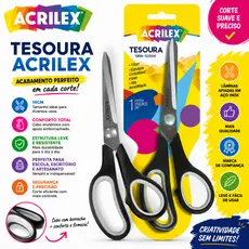 Tesoura Multiuso Acrilex 19cm Preta Aço Inox Escolar Escritório Artesanato Resistente