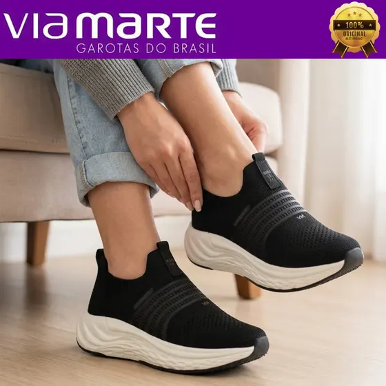 Tênis Feminino Via Marte Knit SlipOn Casual Calce Fácil Sem Cadarço Plataforma Confortável Leve 341-003 Original