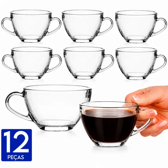 Jogo 12 Xícara Safira Perola Elegante Vidro 230ml Caneca Café Chá Alça Lisa Resistente