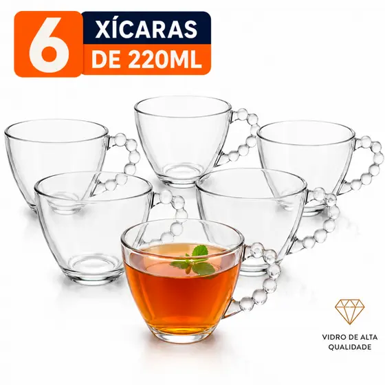 Jogo 6 Xícara Café Chá 230 ml em Vidro Redonda Com Alça Perola Lisa Tranparente Safira