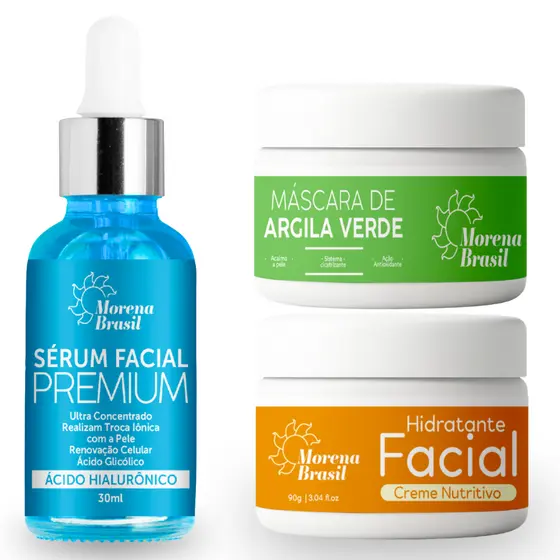Kit Revitalização Facial Completo - Sérum Ácido Hialurônico + Argila Verde + Creme Vitamina C 💙💚💛