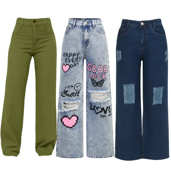 Kit 3 Calças Wide Leg Pantalona Jeans e Sarja Juvenil Premium