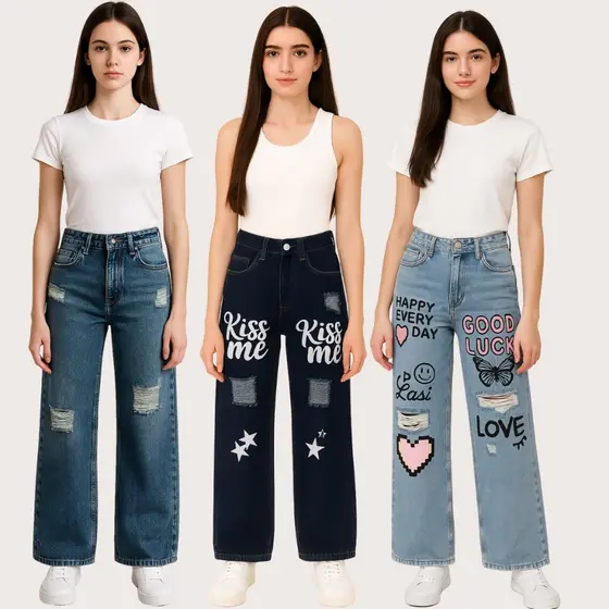 Kit 3 Calças Jeans Wide Leg Estampada desenho Moda Infantil e Juvenil