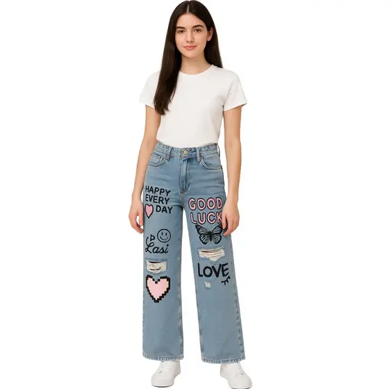 Calça jeans pantalona destroyed meninas wide leg infantil juvenil 10 ao 16 premium