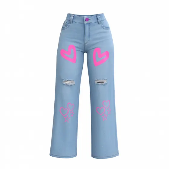 Calça jeans wide leg pantalona infantil juvenil  vários desenho coração