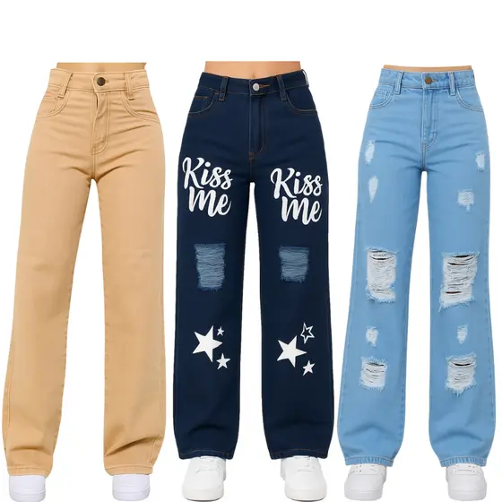 Combo 3 Calças Wide Leg Jeans e Sarja Juvenil 10 ao 16 Anos Premium
