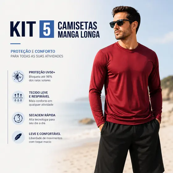 Kit 5 Camiseta UV Proteção Solar Uv50 Segunda Pele P ao G3 Plus Size Praia Verão Lançamento Cores Sortidas