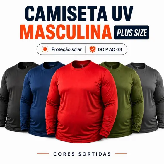 Kit 5 Camisetas Uv Plus Size Masculina Praia Verão Cores Sortidas Proteção Solar
