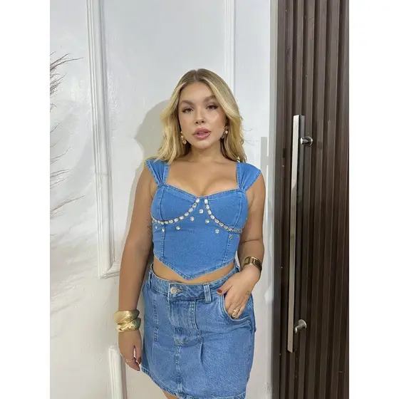 Top Jeans Alça Brilho Zíper E Lastex - Moderno Estiloso E Cheio De Personalidade