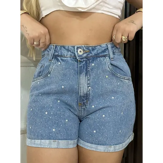 Short Jeans Brilho Franjinha Barra Tradicional Básico Moderno E Cheio De Estilo