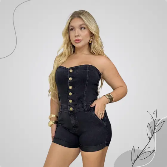Jardineira Short Jeans Tomara Que Caia Botões Moderna, Versátil E Cheia De Estilo