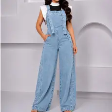 Macacão Jeans Wide Leg Feminino com Alças Ajustáveis e Bolsos Frontais para Uso Casual Diário