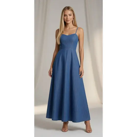Vestido Jeans Feminino Longo Midi de Alça Fina Acinturado Rodado Casual Elegante Moda Feminina