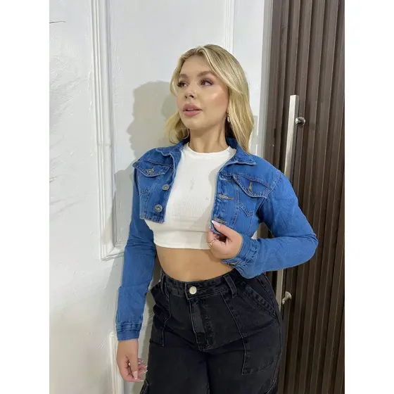 Jaqueta Jeans Cropped Curta Feminina Botões Casaco Manga Longa 100% Algodão Moda Casual Streetwear