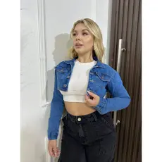 Jaqueta Jeans Cropped Curta Feminina Botões Casaco Manga Longa 100% Algodão Moda Casual Streetwear