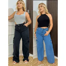 Kit Calça Feminina Wide Leg Cargo Pantalona Cintura Alta Bolsos Laterais Tendência Moda Casual Chic