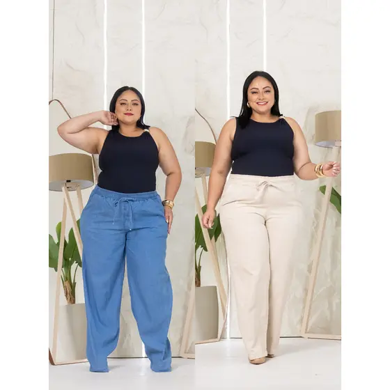 Kit 2 Calças Femininas Plus Size Pantalona Wide Leg Cintura Alta Com Elástico e Cordão Confortável