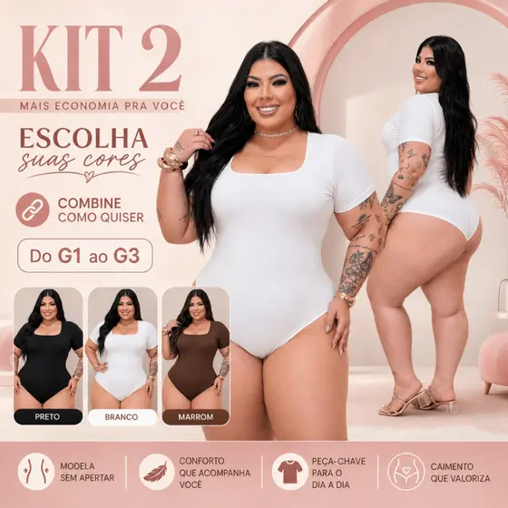 KIT 2 Body Feminino Plus Size Suplex Decote Quadrado Manga Curta Confortável G1 ao G3 Modelador Top