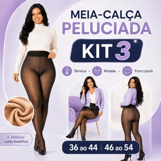 KIT 3 Meia Calça Modeladora Segunda Pele Peluciada Térmica Grossa Translúcida Forrada Plush Inverno