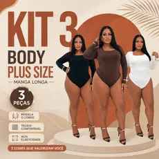 KIT 3 Body Modelador Mulher Plus Size Manga Longa Suplex Poliamida Confortável Casual Bori Bory Top