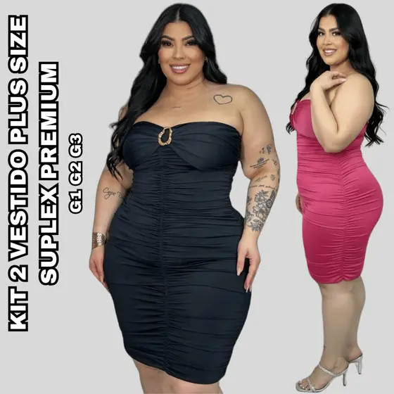KIT 2 Vestido Feminino Plus Size Suplex Premium Dupla Modelagem Empina Bumbum Festa Casamento