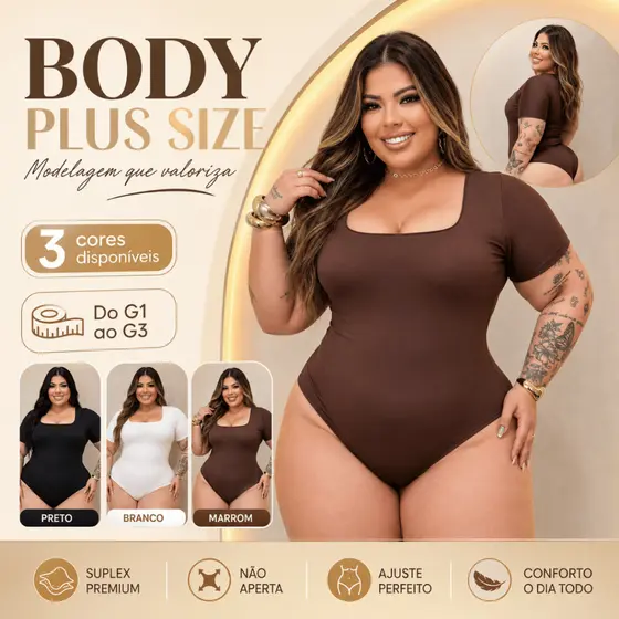 Body Plus Size Feminino Suplex Premium Manga Curta Decote Quadrado Modelador Empina Bumbum G1,G2,G3