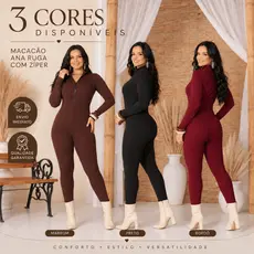 Macacão Feminino Ana Ruga Gola Alta Zíper Frontal Manga Longa Premium Anarruga Modela Corpo Inverno