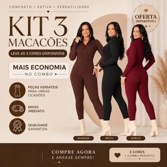 KIT 3 Macacão Ana Ruga Feminino Manga Longa Gola Alta Elegante Confortável Modelador Inverno Frio