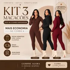 KIT 3 Macacão Ana Ruga Feminino Manga Longa Gola Alta Elegante Confortável Modelador Inverno Frio