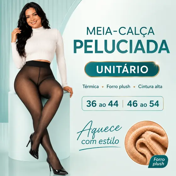Meia Calça Peluciada Térmica Translúcida Cor Pele Forrada Cintura Alta Plush Modeladora Forro Plush