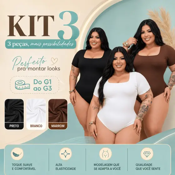 KIT 3 Body Plus Size Feminino Modelador Top Básico Suplex Alta Elasticidade Decote Quadrado G1 G2 G3