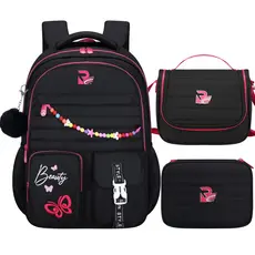 Kit Mochila Infantil Feminina Escolar 3 Peças com Lancheira Estojo Borboleta com Pompom e Miçangas Uso Escolar