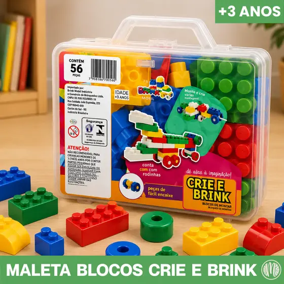 Maleta Crie e Brink 56 Peças Blocos de Montar Divertido Educativo Didático