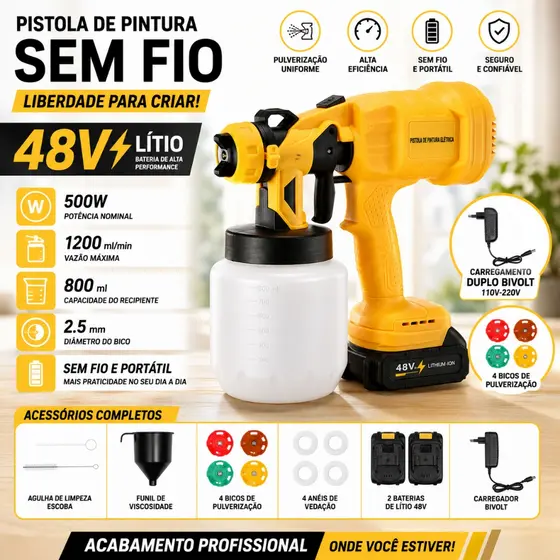 Pistola de Pintura Pulverizador Elétrico Prático Portátil 48V de Litio Sem Fio com 2 Baterias
